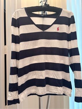Ralph Lauren Navy & White Striped V-Neck Tee with Red Pony